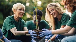 Menschen verschiedenen Alters pflanzen gemeinsam einen Baum.