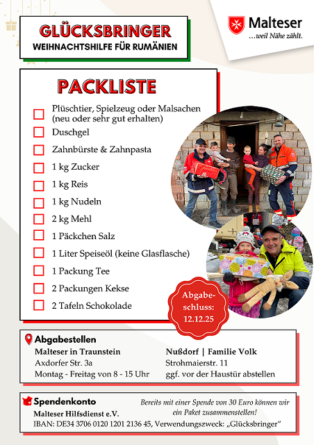 Das Bild enthält die Packliste und weitere Informationen zur Glücksbringer-Aktion.