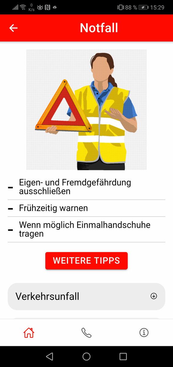 Screenshot der Malteser Erste-Hilfe App, die erklärt was bei einem Verkehrsunfall zu tun ist.