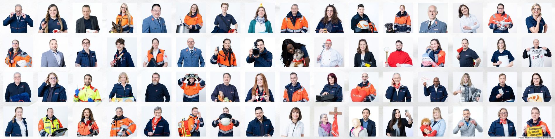 Webseiten Header mit 70 Portraits von Mitarbeitenden aus unterschiedlichen Fachbereichender Malteser in NRW