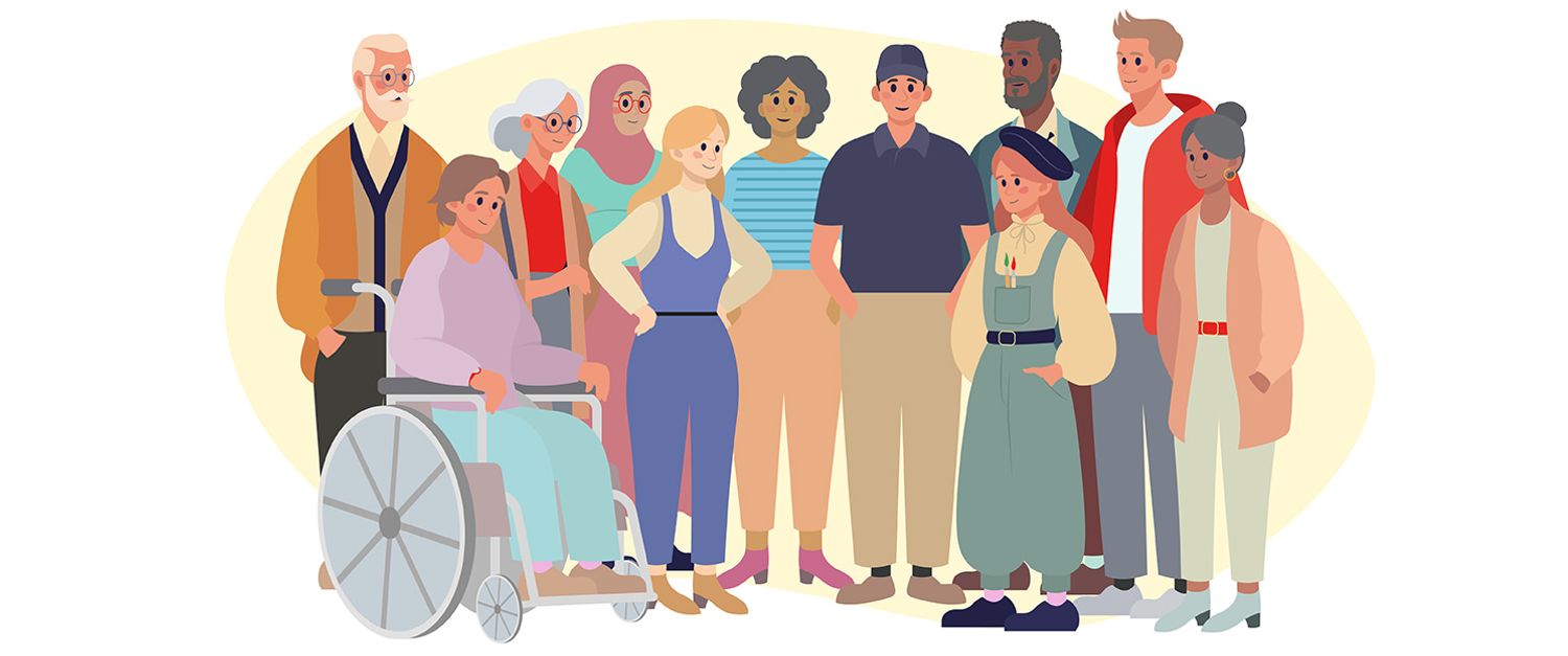 Illustration zum Malteser Plaudernetz: Viele Menschen stehen zusammen mit unterschiedlichen Hautfarben, unterschiedlichen Alters, im Rollstuhl, mit Kopftuch...