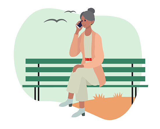 Illustration zum Malteser Plaudernetz: Eine Frau sitzt draußen auf einer Parkbank und telefoniert.