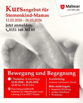 Plakat mit Füßchen eines Sternenkindes und Daten zum Kurs für trauernde Mütter.
