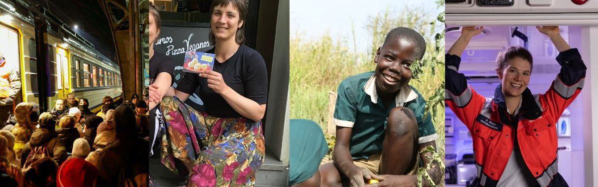 Eine Collage aus vier Bildern – abgebildet sind eine Notfallsanitäterin, ein lächelndes Kind in einem Garten, eine lächelnde Frau mit einer Stoffhose und Menschen auf einem Bahnsteig.