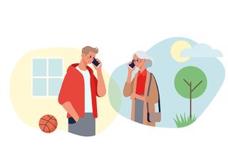 Illustration zum Malteser Plaudernetz: Ein junger Mann spricht mit einer älteren Frau am Telefon. 