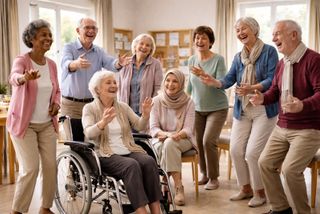 Lächelnde Senioren im Gemeinschaftsraum