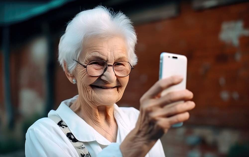 Eine alte Frau blickt auf ein Smartphone.