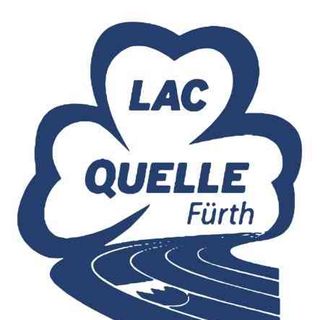 Ein blaues Logo mit der Aufschrift "LAC QUELLE Fürth" in einer stilisierten Kontur aus Wolke und Laufbahn.