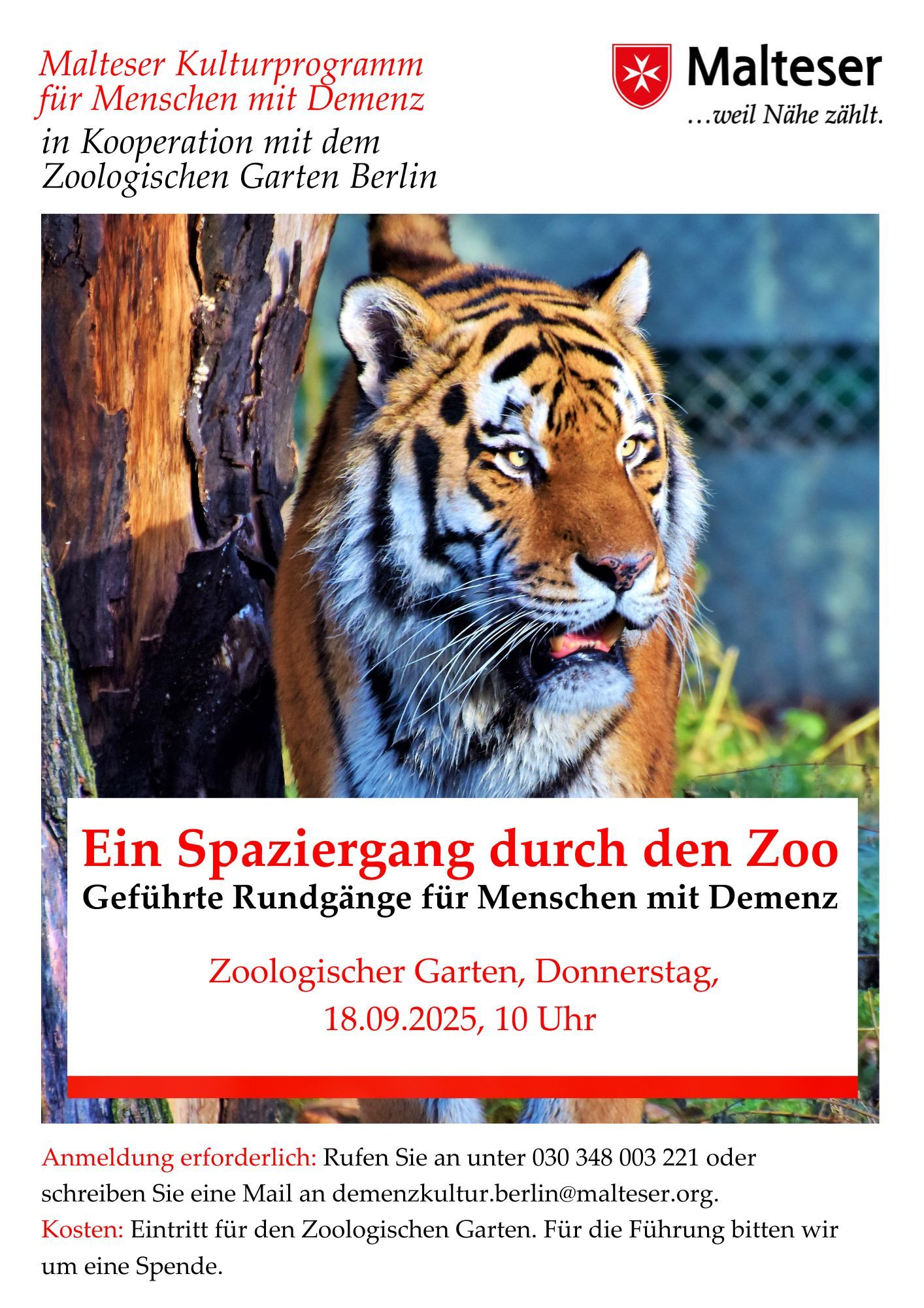 Hier ist das Plakat des Malteser Hilfsdienstes zur Zooführung für Menschen mit Demenz zu sehen.