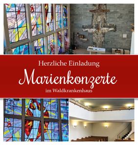 Einladungsmotiv zu den Marienkonzerten mit Kirchenfenstern, Christusfigur und Konzertsaal.