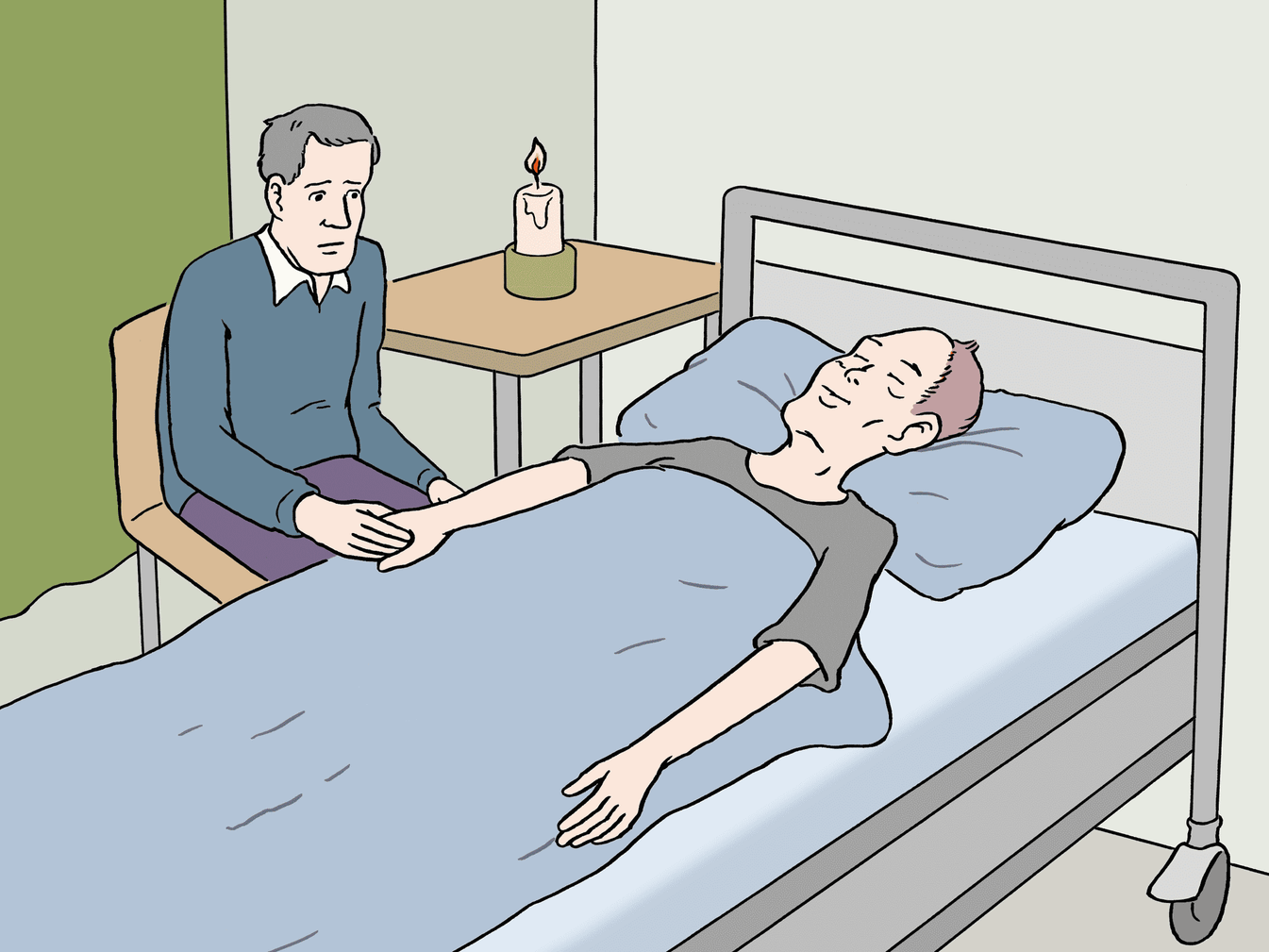 Ein Mann liegt sterbend in einem Krankenhausbett. Neben dem Bett sitzt ein Mann auf einem Stuhl und hält die Hand des Sterbenden.