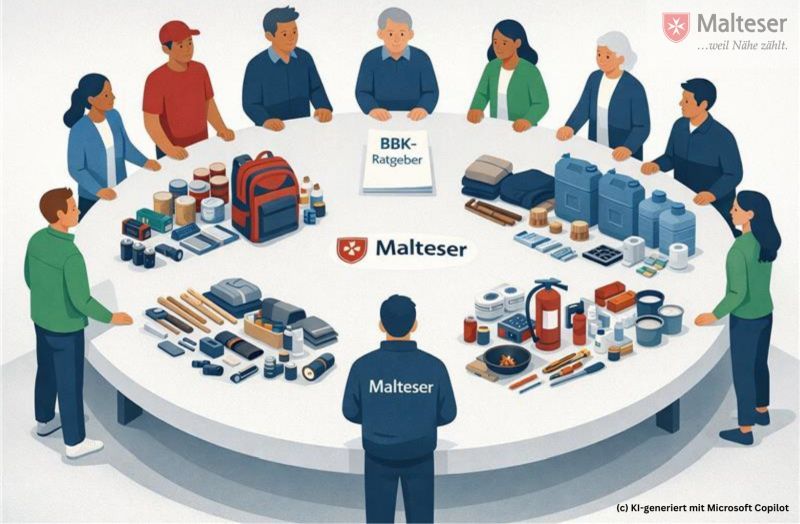Grafik: mehrere Menschen stehen um einen runden Tisch, in der Mitte das Malteser Logo, außen Lebensmittel und Gegenstände für den Notfall