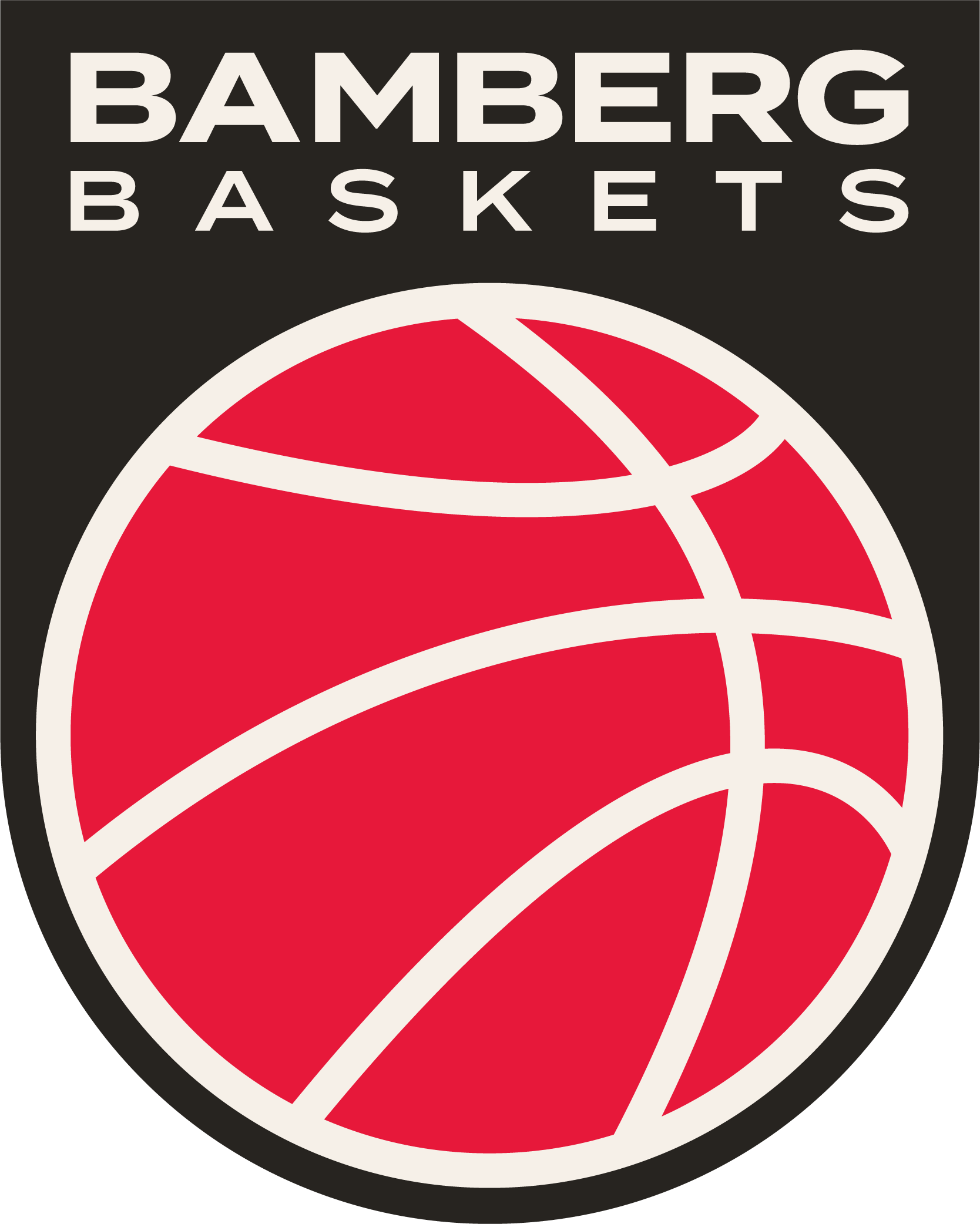 Logo der Bamberg Baskets mit stilisiertem roten Basketball in schwarzem Schild und wei-ßem Schriftzug Bamberg Baskets oben.