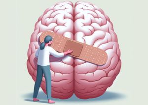 Eine Frau klebt ein Pflaster auf die große Darstellung eines Gehirns.