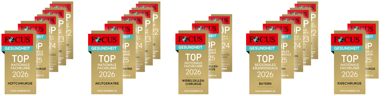 Focus-Auszeichnungen 2022 bis 2025 für mehrere Fachbereiche des Malteser Waldkrankenhauses St. Marien.