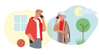 Illustration zum Malteser Plaudernetz: Ein junger Mann spricht mit einer älteren Frau am Telefon. 