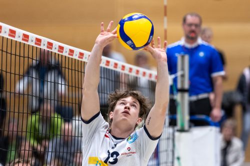 Spieler des SV Schwaig bereitet einen Spielzug am Netz vor und hebt beide Hände zum oberen Zuspiel.