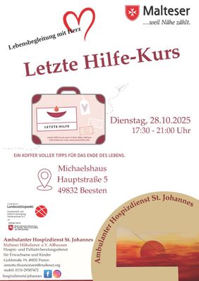 Infoflyer mit dem Daten zum Letzte-Hilfe-Kurs am 28.10.2025, die auch im Text erklärt werden.