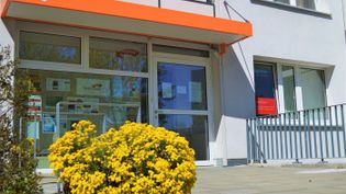 Eingang eines Gebäudes mit Glasfront, oranger Markise und gelben Chrysanthemen im Vordergrund.