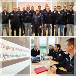 Bildkollage mit Männern der Einsatzdienste, stehend und am Tisch sitzend.