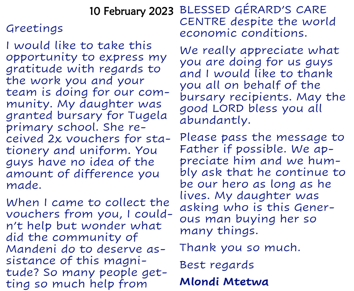 Excerpt from Mlondi Mtetwa’s letter of thanks, dated 10 February 2023