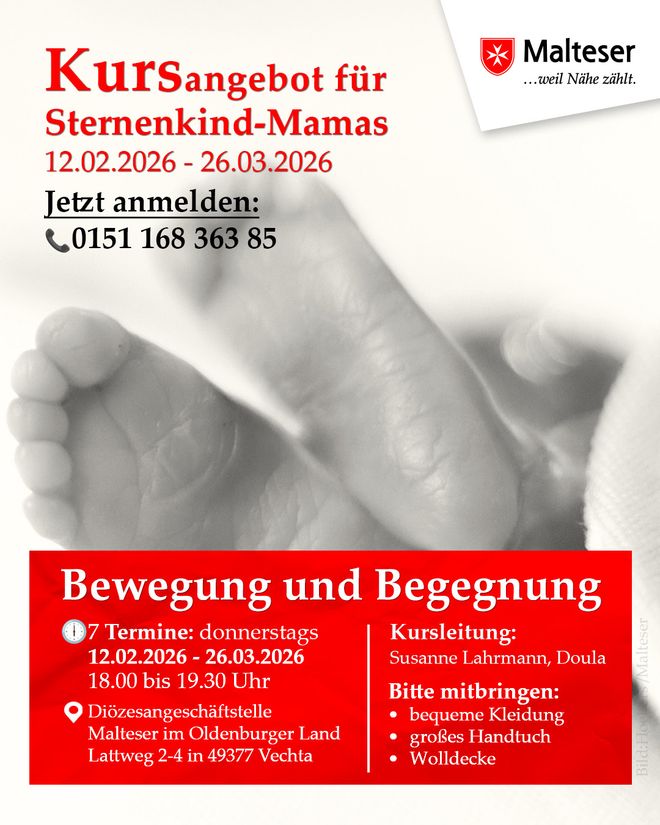Plakat mit Füßchen eines Sternenkindes und Daten zum Kurs für trauernde Mütter.