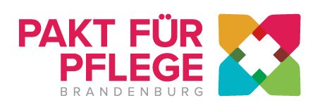 Logo des Programms „Pakt für Pflege Brandenburg“ mit dem Schriftzug in Pink und Grau sowie einem mehrfarbigen Symbol aus vier miteinander verbundenen Elementen.
