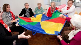 Ältere Menschen sitzen in einem Kreis und werfen einen rosa Luftballon mit Hilfe eines Tuchs, das alle festhalten, in die Luft