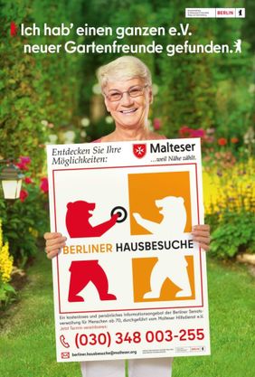 Plakatmotiv der Berliner Hausbesuche – Werbung für das kostenfreie Beratungsangebot zur Unterstützung im Alter.