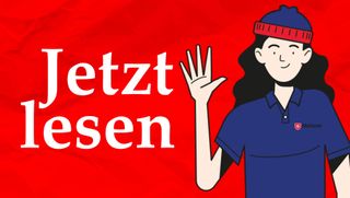 Illustration: Malteserin im blauen Malteser Shirt winkt freundlich. Text auf dem roten Hintergrund: Jetzt lesen
