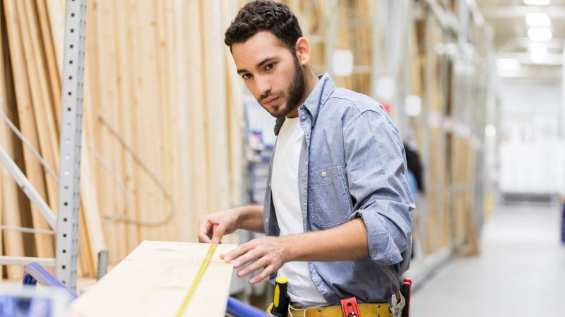 Junger Mann sägt ein Holzbrett zurecht