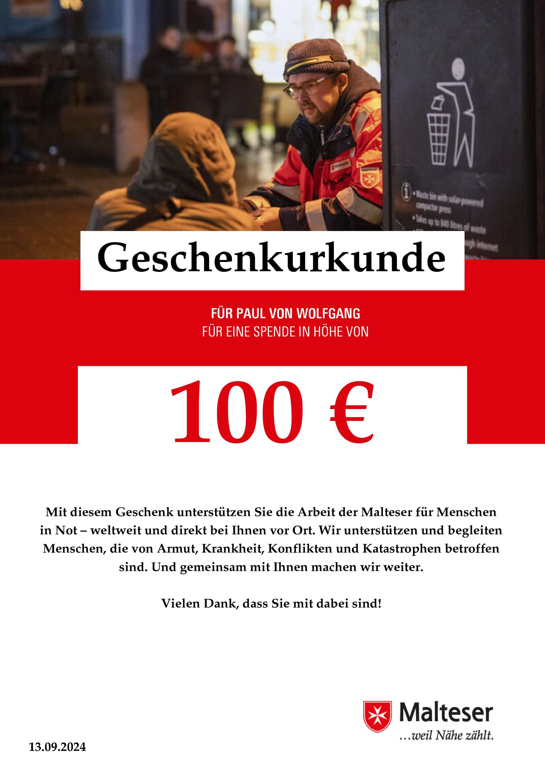 Beispiel-Urkunde für eine Geschenkspende über 100 € von Paul für Wolfgang