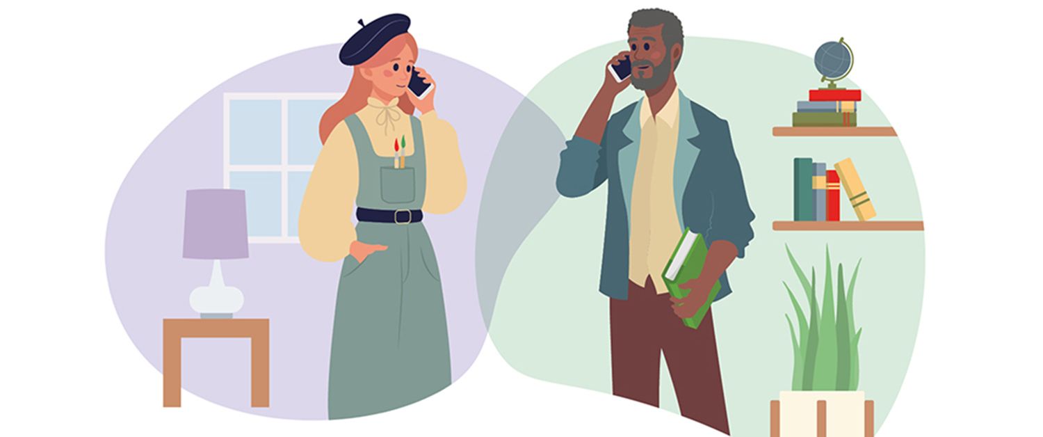 Illustration zum Malteser Plaudernetz: Mann plaudert mit Frau am Telefon