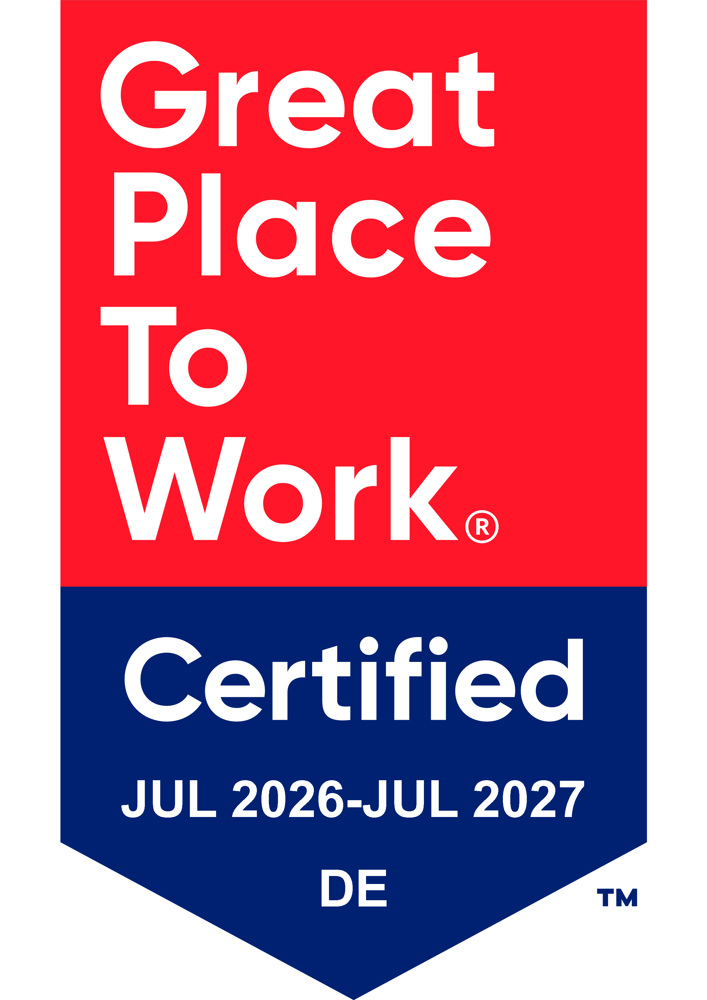 Abzeichen der Zertifizierung „Great Place To Work Certified“ in Rot und Blau mit weißer Schrift. Im unteren Bereich ist der Zertifizierungszeitraum „JUL 2026–JUL 2027“ sowie die Länderkennung „DE“ angegeben.