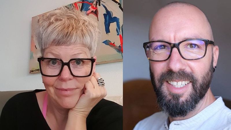 Zwei nebeneinanderliegende Porträtaufnahmen: links eine Frau mit großer Brille und Kurzhaarschnitt und rechts ein lächelnder Mann mit Brille und Bart.