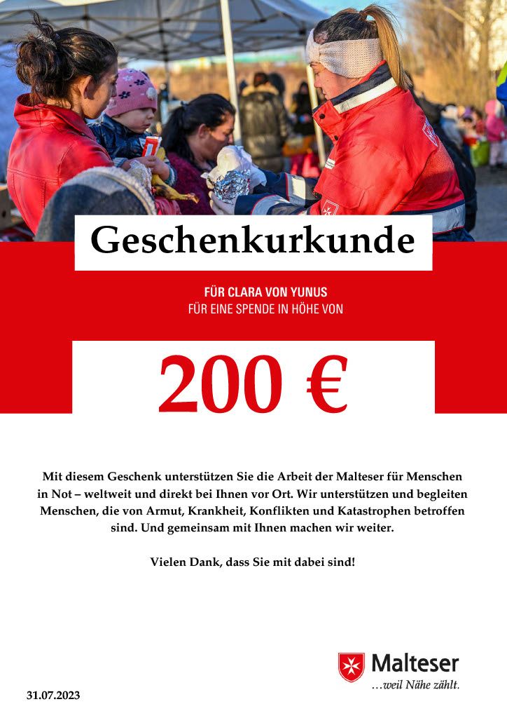 Beispiel-Urkunde für eine Geschenkspende über 200 € von Yunus für Clara. 