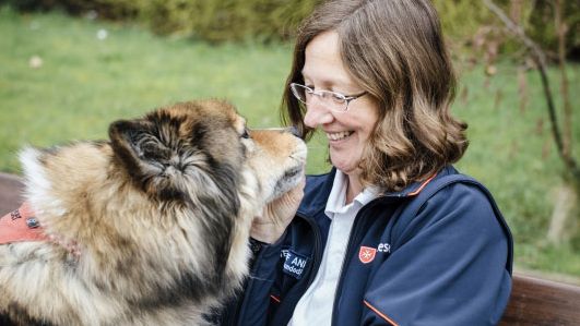 Ein brauner Hund schnuppert an der Nase einer Frau in Malteser Jacke.