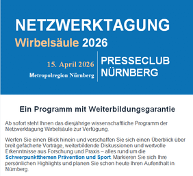 Veranstaltungshinweis zur Netzwerktagung Wirbelsäule 2026 in blau und weiß.