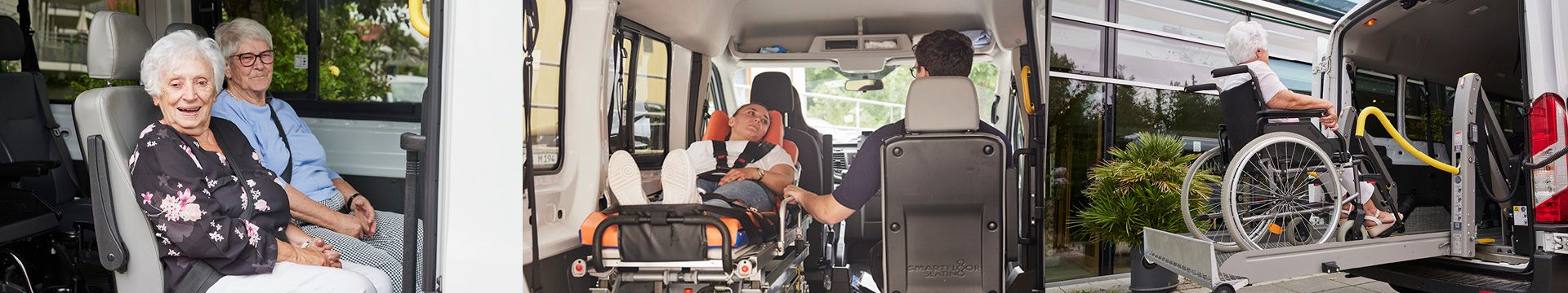 Bildkomposition aus drei Fotos des Fahrdienst. Sitzend transportierte Frauen, ein Blick auf eine liegend beförderte Frau vom Heck des Fahrzeugs aus und eine Außenaufnahme eines Rollstuhls auf der hydraulischen Hebebühne des Fahrzeugs.