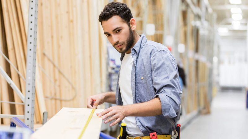 Ein junger Mann misst die Länge eines Holzbretts mit einem Maßband