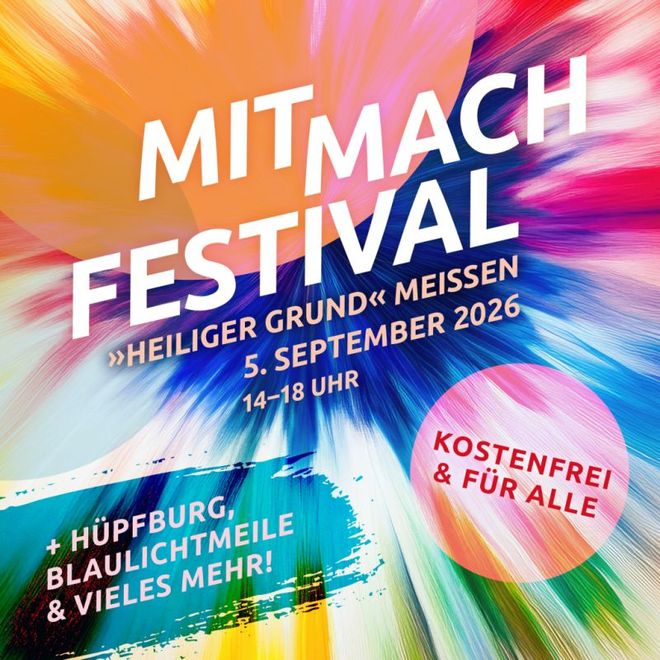 Eine bunte Grafik weißt auf das Mitmachfestival in Meißen hin.