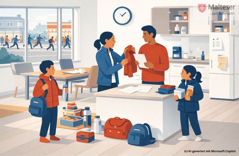 Grafik: Mann, Frau, Mädchen und Junge stehen um eine Kücheninsel und packen Gepäck für den Notfall