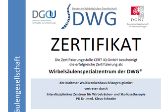 Zertifikat der DGW für das Wirbelsäulenspezialzentrum des Malteser Waldkrankenhaus St. Marien in Erlangen.