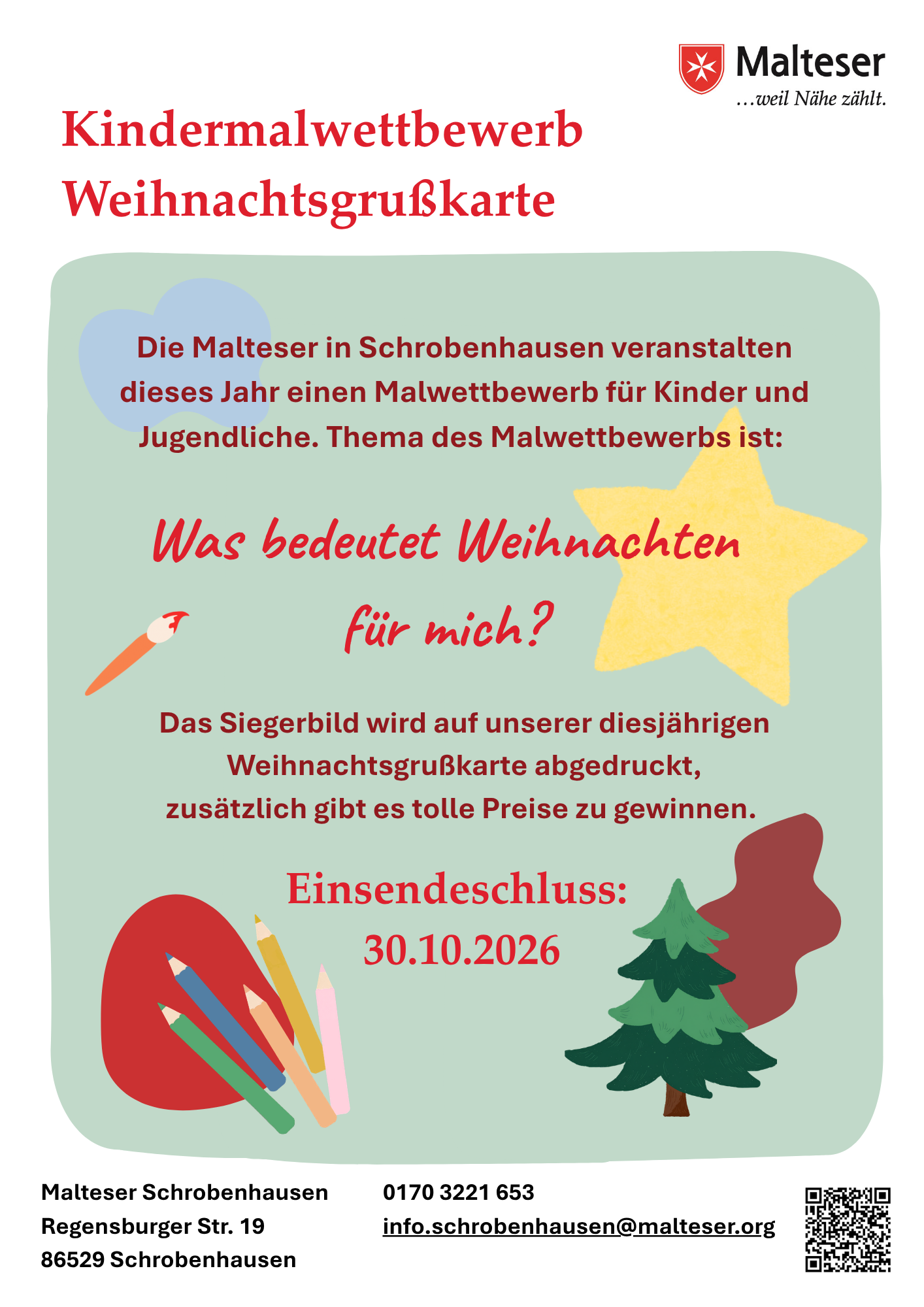 Ausschreibung für den Malteser Malwettbewerb Weihnachten vor lindgrünem Hintergrund