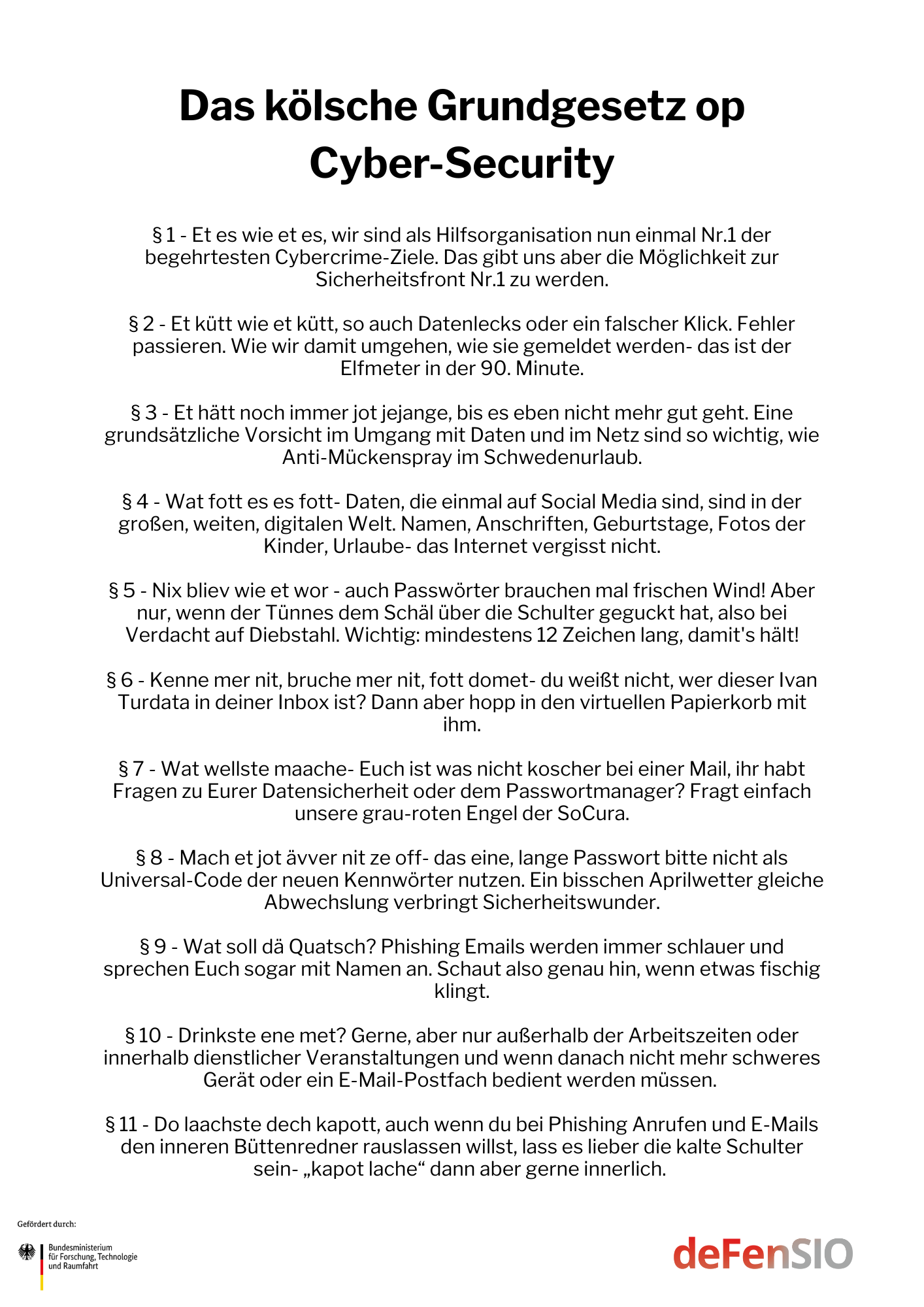 Das Bild zeigt das kölsche Grundgesetz, welches auf IT Sicherheit gemünzt ist.