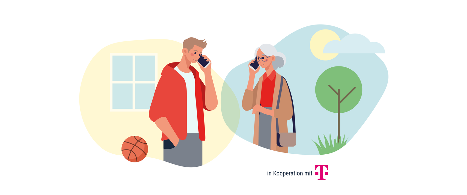 Illustration zum Malteser Plaudernetz: Ein junger Mann spricht mit einer älteren Frau am Telefon. 