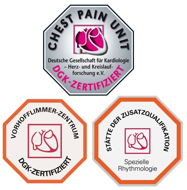 Drei DGK-Zertifikate zu Kardiologie, Rhythmologie und Vorhofflimmer-Zentrum.