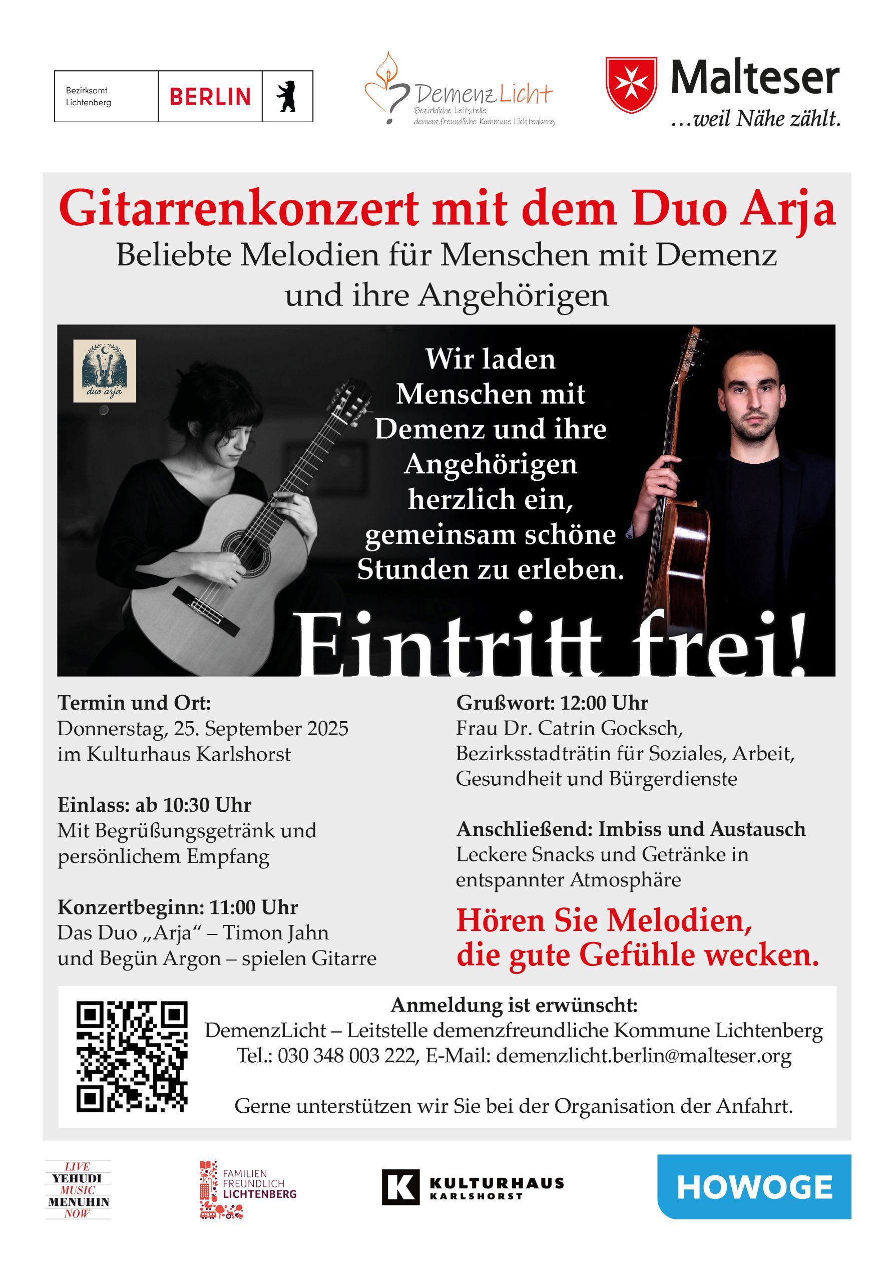Plakat zum Gitarrenkonzert mit dem Duo Arja am 25. September 2025 im Kulturhaus Karlshorst.
