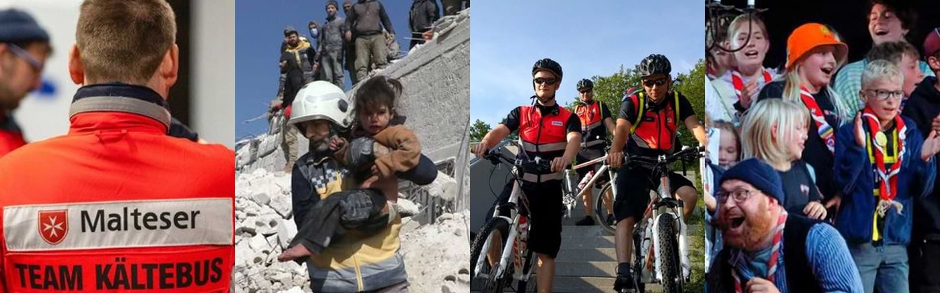 Eine Bildercollage zeigt das Team Kältebus der Malteser, eine Bergung nach einem Erdbeben, eine Fahrradstaffel und Kinder auf der Wilden Wiese der Malteser.