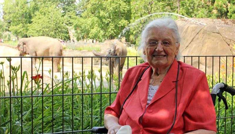 Eine Seniorin in einem Rollstuhl vor einem Elefantengehege